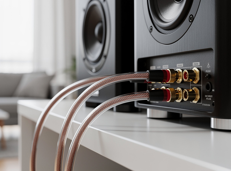 Integrated amplifier connected to bookshelf speakers with speaker wire and binding posts