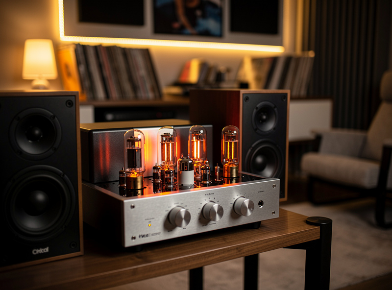 Tube amplifier glowing next to bookshelf speakers in warm listening room