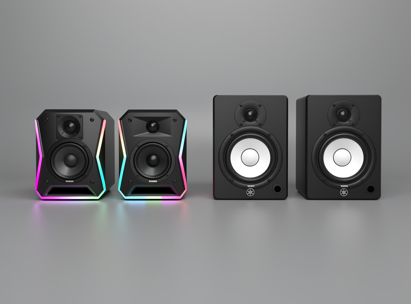 Comparison of compact gaming speakers with RGB lighting and Yamaha HS5 studio monitors