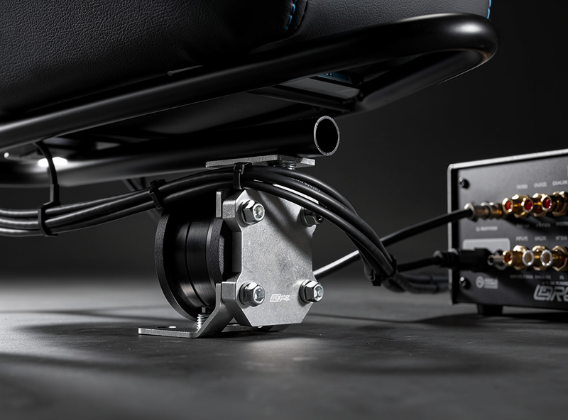 Bass shaker transducer mounted to the underside of a sim racing rig seat