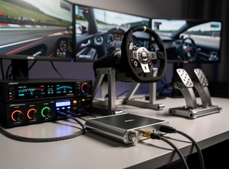 USB DAC and headphone amplifier on a desk next to sim racing wheel and triple monitor setup