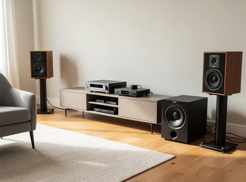 Subwoofer integrated into home music system next to bookshelf speakers