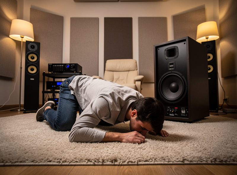 Person performing sub crawl method on floor in listening room
