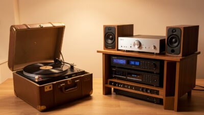 Suitcase all-in-one turntable beside a separates hi-fi system showing the upgrade path