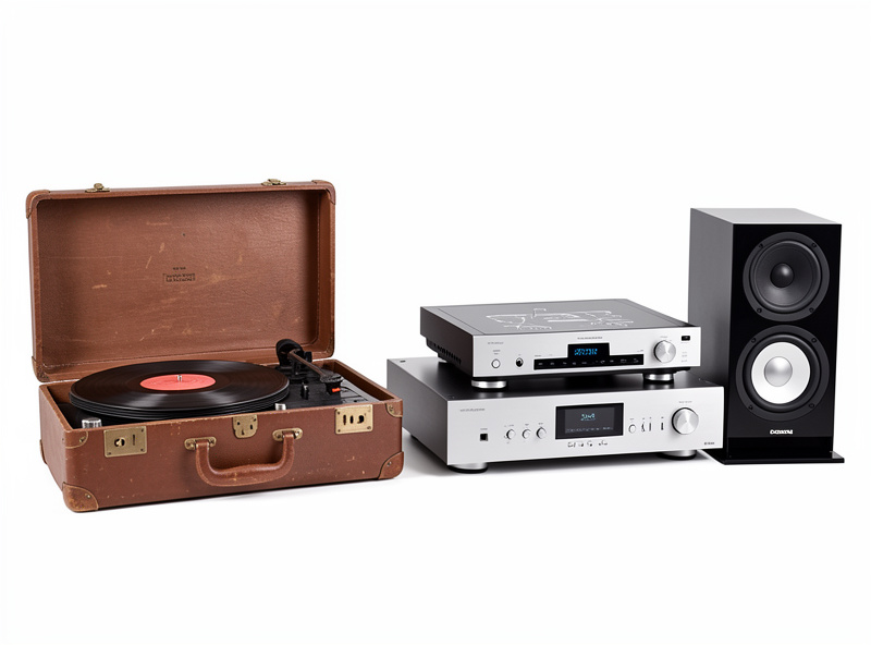 An all-in-one suitcase turntable beside a separates system with deck, amplifier, and bookshelf speakers