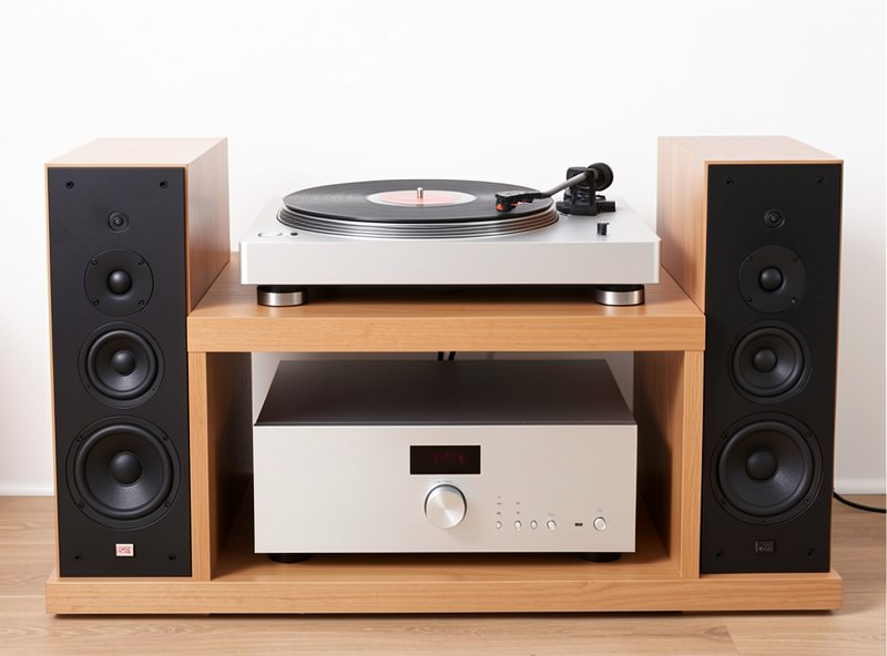 A separates hi-fi system with turntable, integrated amplifier, and bookshelf speakers on a rack
