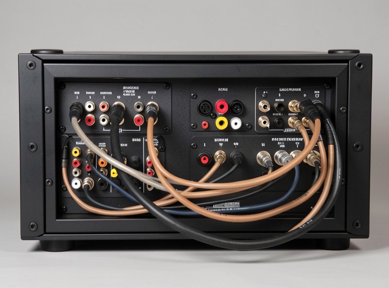 Rear panel of a separates hi-fi rack showing interconnects, speaker cable and power leads neatly routed