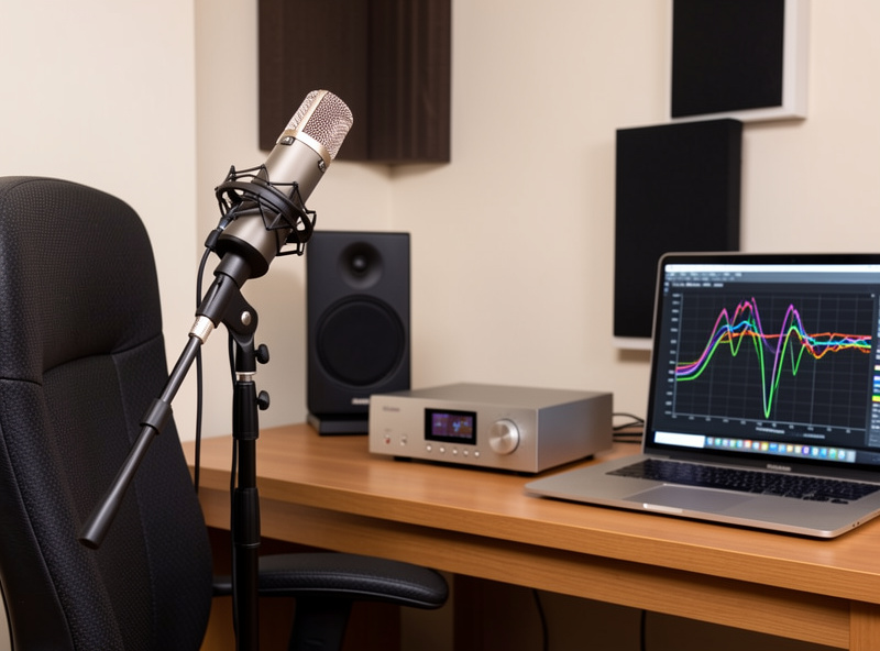 Calibrated measurement microphone and DAC on a desk with REW frequency response on screen