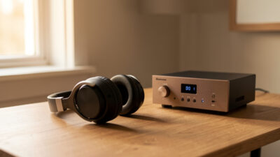 Open-back audiophile headphones beside a desktop DAC and headphone amplifier in a treated listening room
