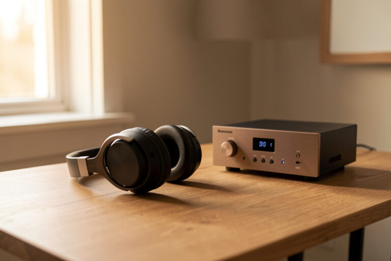Open-back audiophile headphones beside a desktop DAC and headphone amplifier in a treated listening room