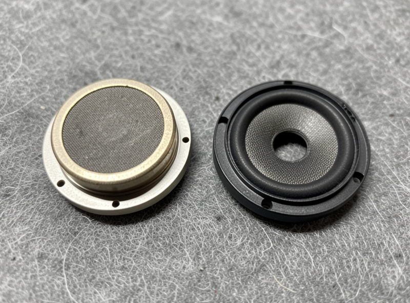 Close-up comparison of a planar magnetic headphone diaphragm beside a dynamic cone driver on a felt mat