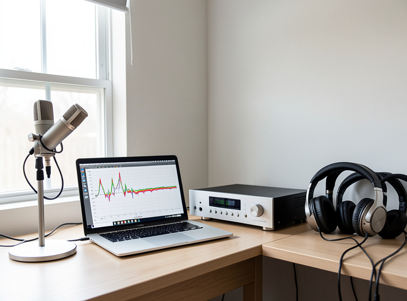 Measurement laptop showing a frequency response sweep next to a desktop headphone amplifier and several headphones