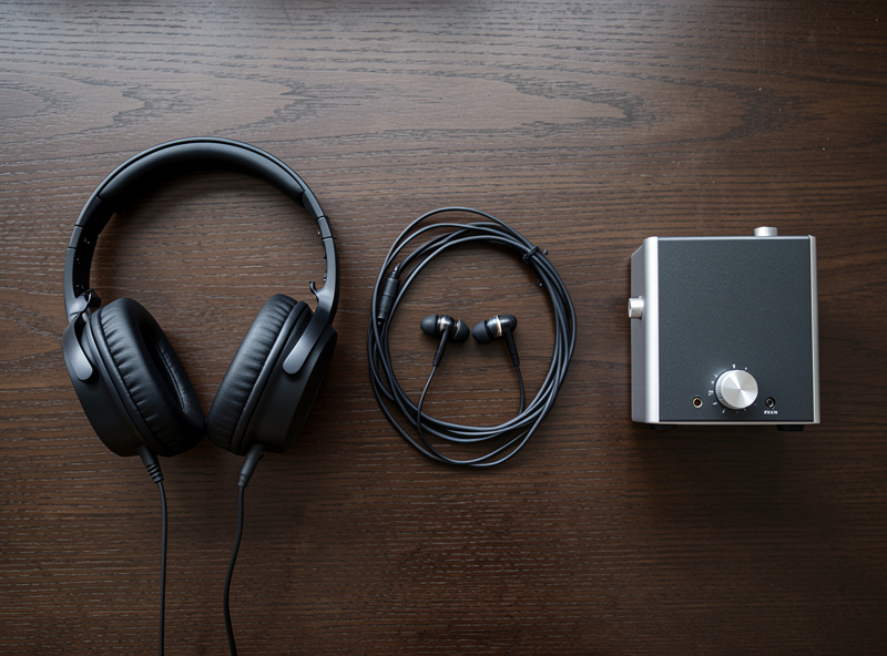 Flat-lay of over-ear open-back headphones, in-ear monitors, and a small desktop amplifier on dark wood
