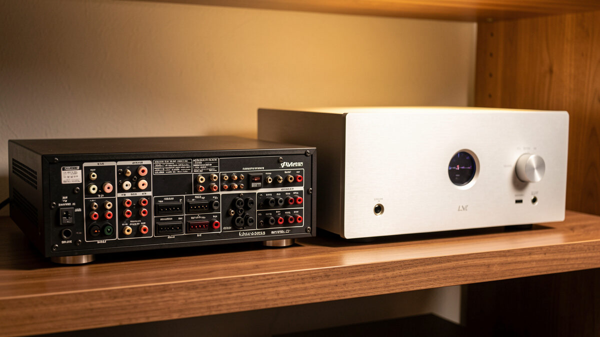 AV receiver beside a stereo integrated amplifier on a hi-fi rack