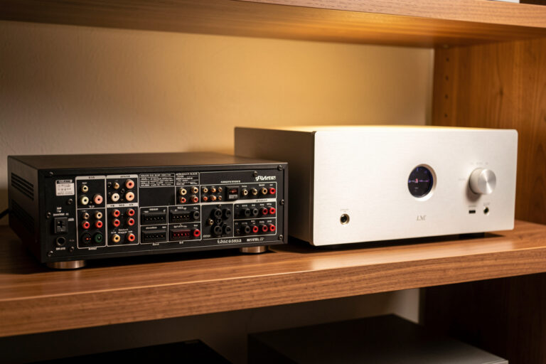 AV receiver beside a stereo integrated amplifier on a hi-fi rack