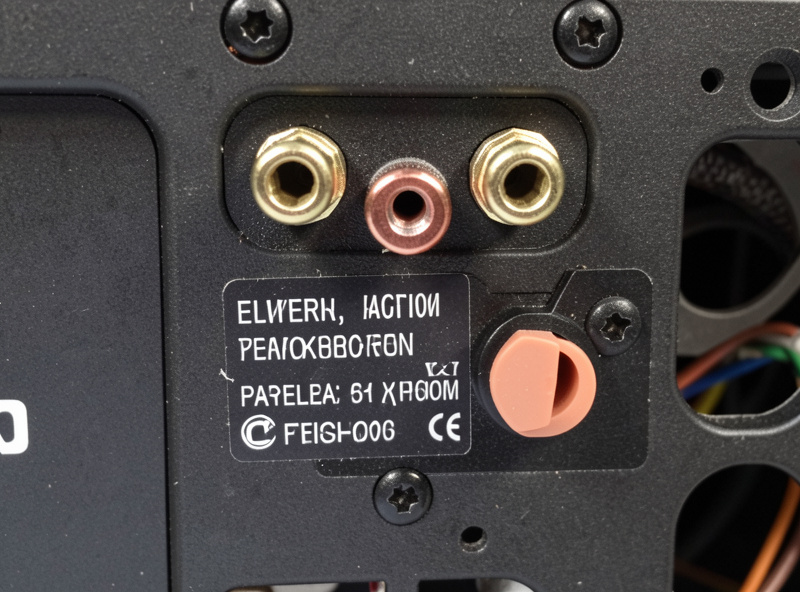 Close-up of an AV receiver spec sheet showing power ratings with channels-driven and bandwidth fine print