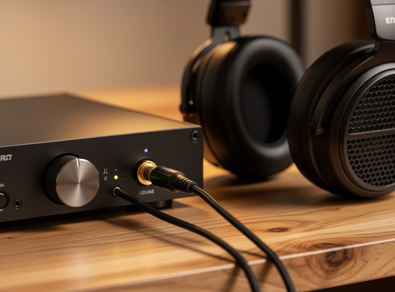 A balanced 4.4mm headphone cable plugged into a DAC amp combo next to planar headphones on a desk