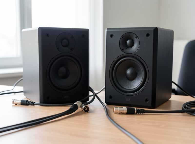 Active studio monitors connected with XLR balanced cables on a desk