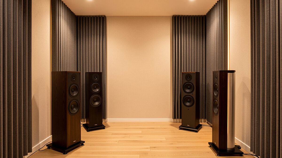 Corner bass traps installed in a hi-fi listening room