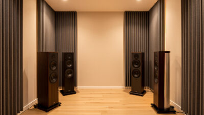 Corner bass traps installed in a hi-fi listening room
