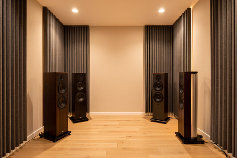 Corner bass traps installed in a hi-fi listening room