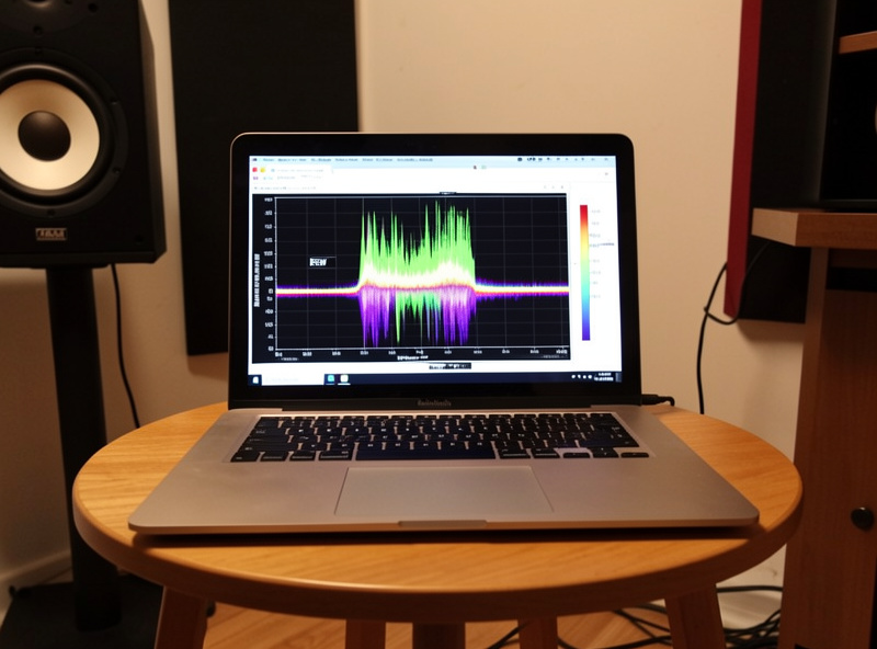 REW waterfall decay plot on a laptop showing reduced low-frequency ringing after bass trapping