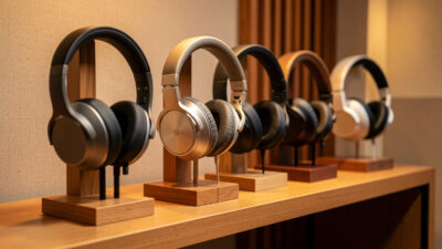 Collection of premium audiophile over-ear headphones on wooden stands in a listening room