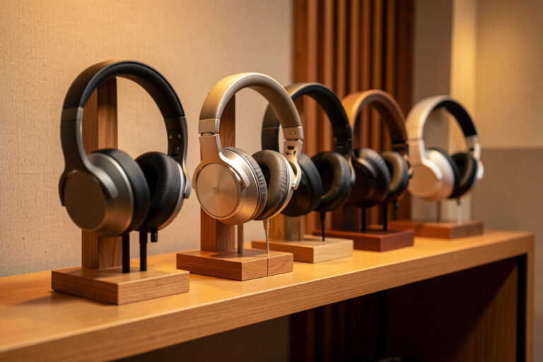 Collection of premium audiophile over-ear headphones on wooden stands in a listening room