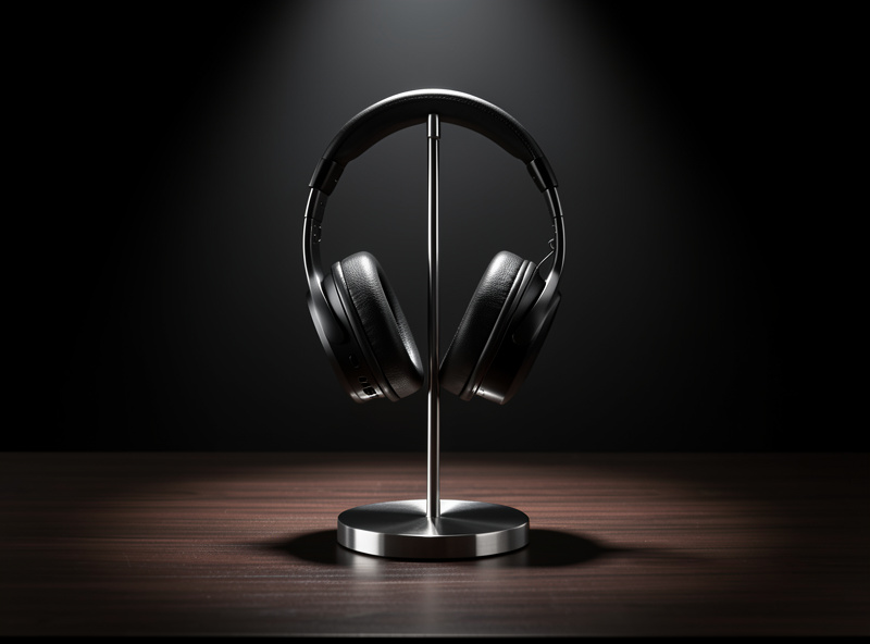 A single flagship open-back headphone on a metal stand under a focused spotlight