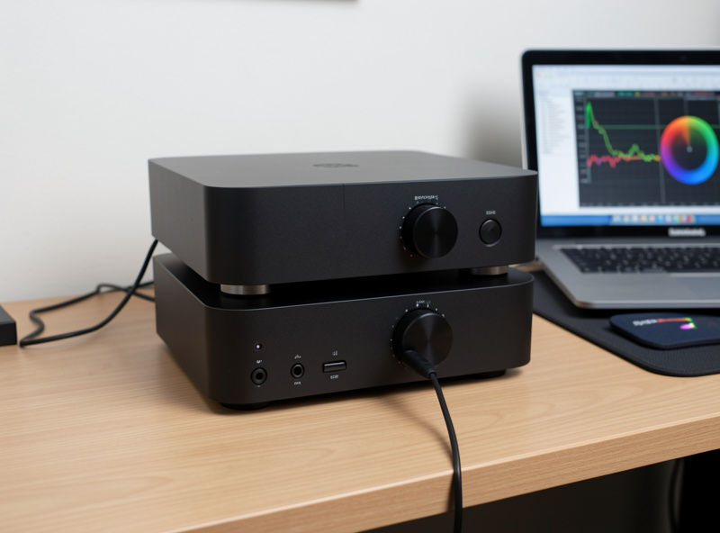 A desktop DAC and headphone amplifier stack with a high-impedance headphone plugged in