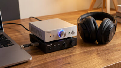 Desktop DAC and headphone amplifier stack with volume knob on a wooden desk