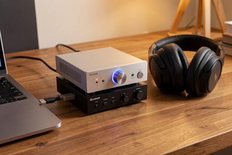 Desktop DAC and headphone amplifier stack with volume knob on a wooden desk