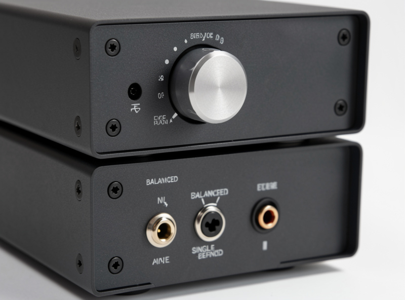 Desktop DAC and headphone amplifier stack with volume knob on a wooden desk