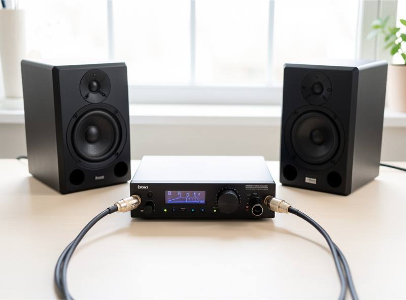 RME-style reference DAC feeding powered studio monitors via balanced cables on a desk
