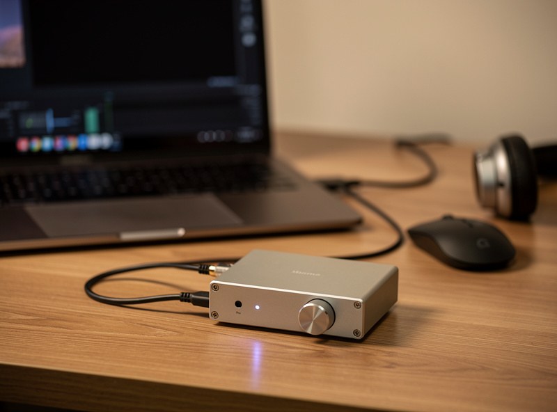 Three desktop DACs at different price tiers lined up on a shelf in a listening room