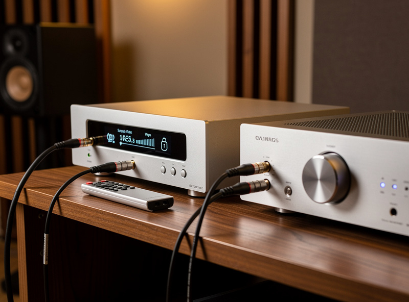 A mid-priced desktop DAC with display and remote on a listening room shelf connected to an amplifier