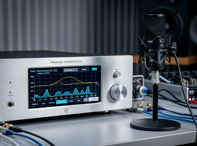 A high-end reference DAC with parametric EQ menu on its display next to a measurement microphone