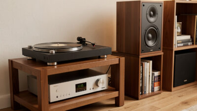 Belt-drive turntable added to an existing hi-fi system on an equipment rack