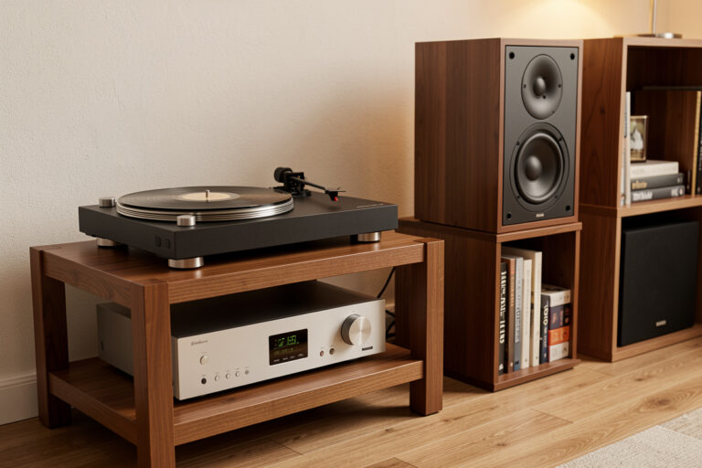Belt-drive turntable added to an existing hi-fi system on an equipment rack