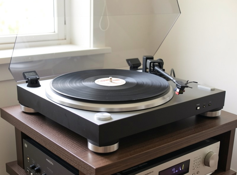 A belt-drive turntable with a quality tonearm sitting on a hi-fi rack beside an amplifier and speakers