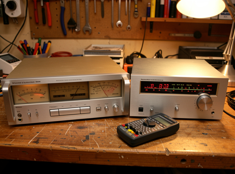 Vintage silver-faced receiver and integrated amplifier on a workbench with a multimeter, ready for inspection before a used purchase