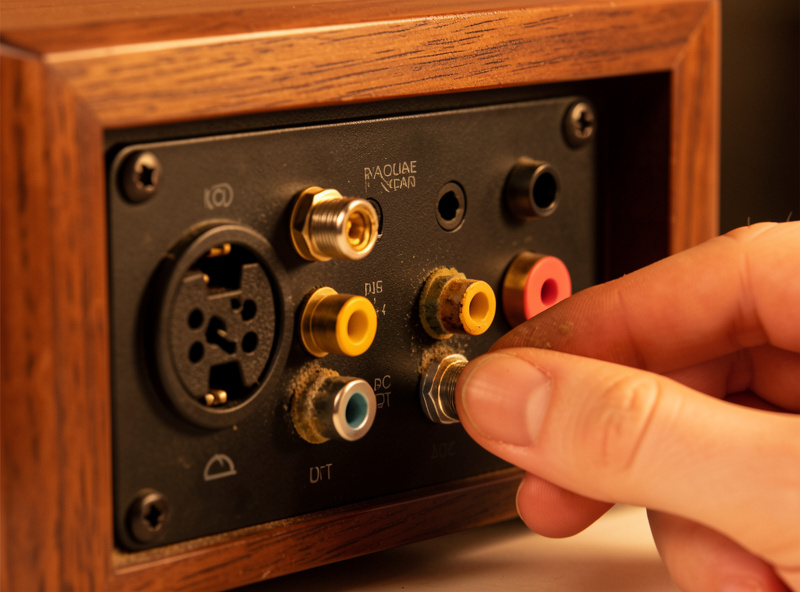 Close-up of an integrated amplifier rear panel showing speaker binding posts and RCA inputs being inspected for corrosion