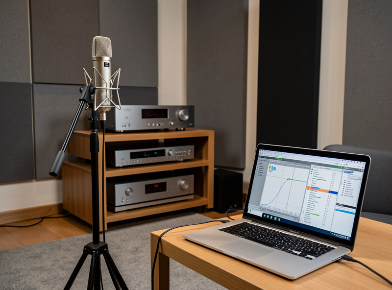 A measurement microphone and laptop running room sweep software next to a used hi-fi system in a treated listening room
