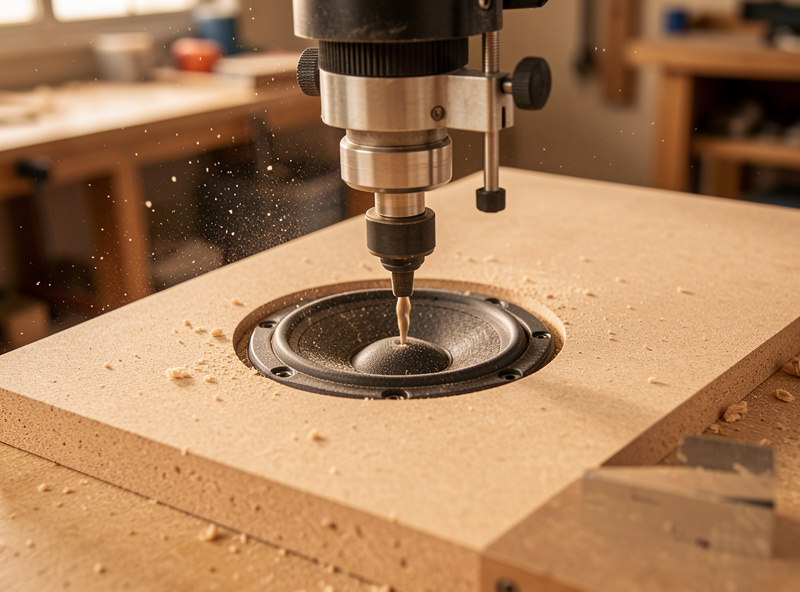 A router cutting a circular recess for a speaker driver in an MDF baffle using a circle jig