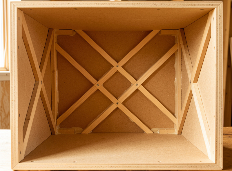 Interior of an open speaker cabinet showing internal cross-bracing glued between the side panels
