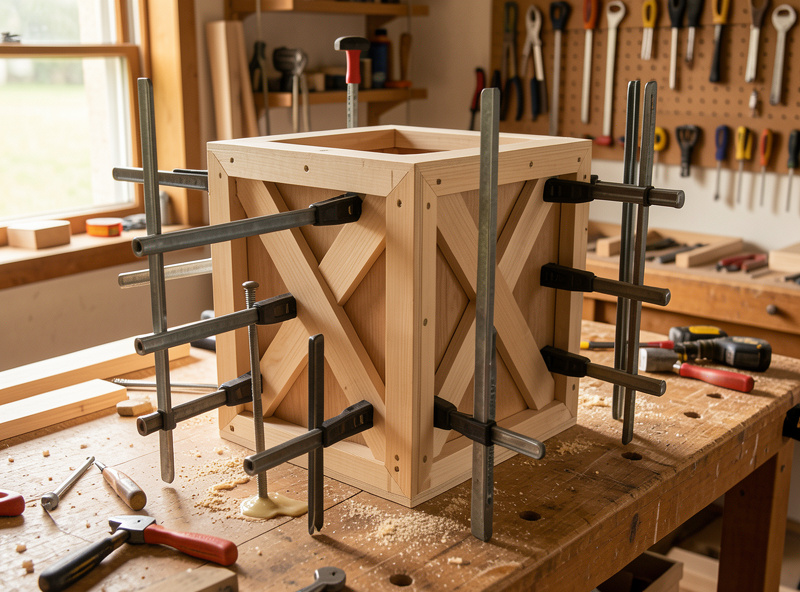 A speaker cabinet clamped with many bar clamps while wood glue cures on a workbench