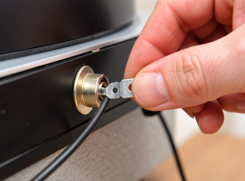 Hand attaching a turntable ground wire spade terminal to the grounding post of an amplifier
