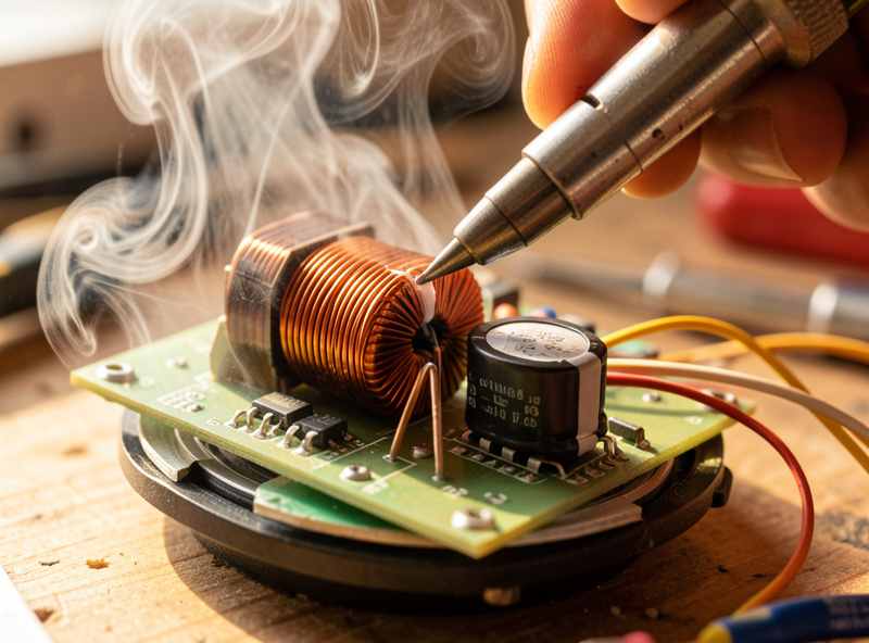 A soldering iron assembling a speaker crossover with an air-core inductor and film capacitor