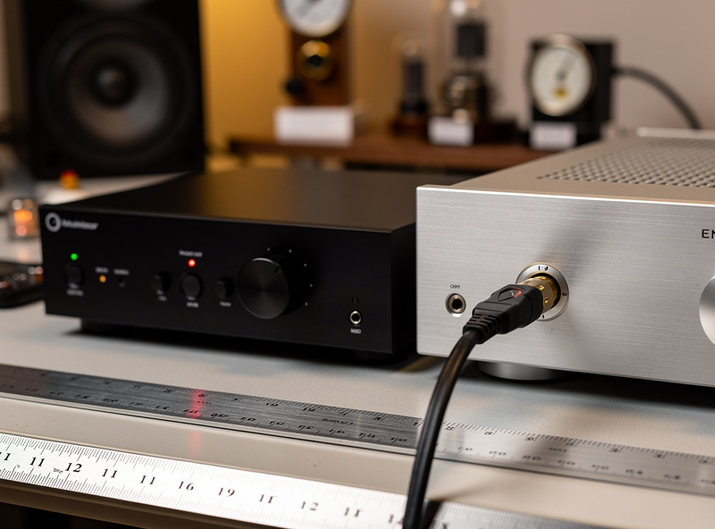 Desktop DAC connected to an integrated amplifier with a USB cable on a measured listening bench