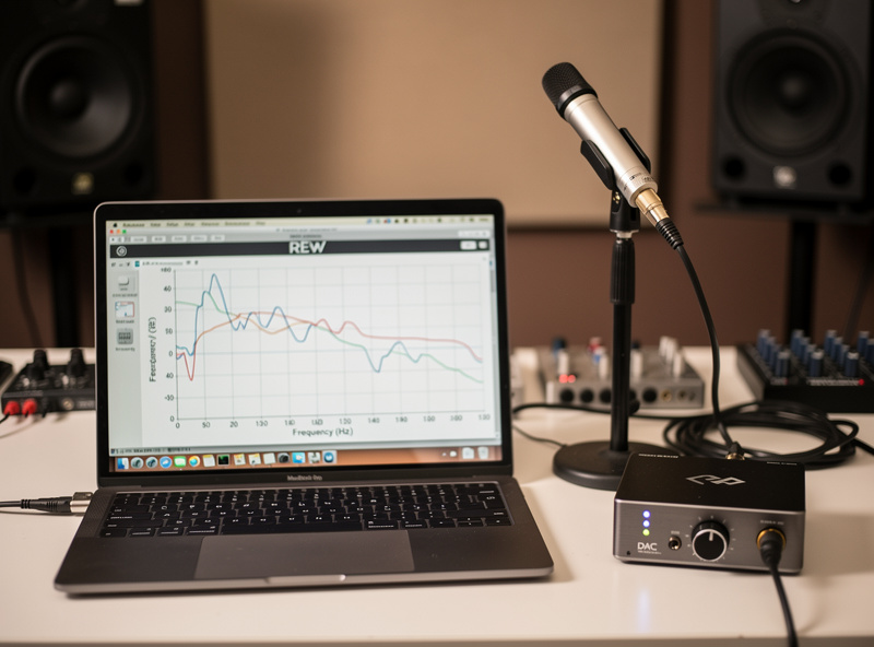 REW frequency response sweep on a laptop next to a calibrated measurement microphone and DAC